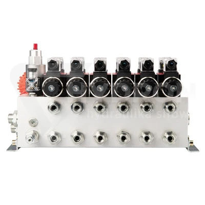 Rozdzielacz hydrauliczny 6 sekcyjny 12V blokowy typu Cetop 3 NG6 z proporcjonalnym regulatorem przepływu w komplecie z manometrem, wtyczkami elektrycznymi i przyłączami