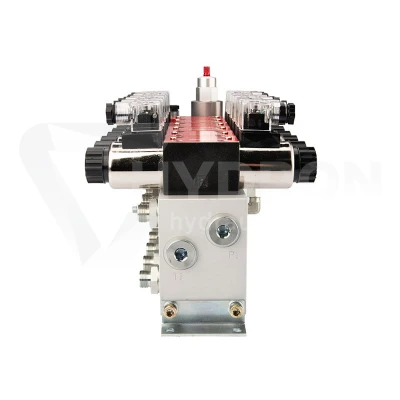 Rozdzielacz hydrauliczny 6 sekcyjny 12V blokowy typu Cetop 3 NG6 z proporcjonalnym regulatorem przepływu w komplecie z manometrem, wtyczkami elektrycznymi i przyłączami