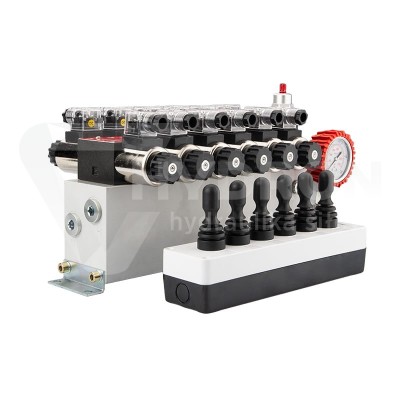 Przejdź do produktu Rozdzielacz hydrauliczny 6 sekcyjny 12V blokowy typu Cetop 3 NG6 z proporcjonalnym regulatorem przepływu w komplecie z panelem sterującym Hydrolider z sześcioma joystickami, manometrem, wtyczkami elektrycznymi i przyłączami