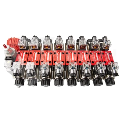 Rozdzielacz hydrauliczny 8 sekcyjny 12V blokowy typu Cetop 3 NG6 z proporcjonalnym regulatorem przepływu w komplecie z manometrem, wtyczkami elektrycznymi i przyłączami