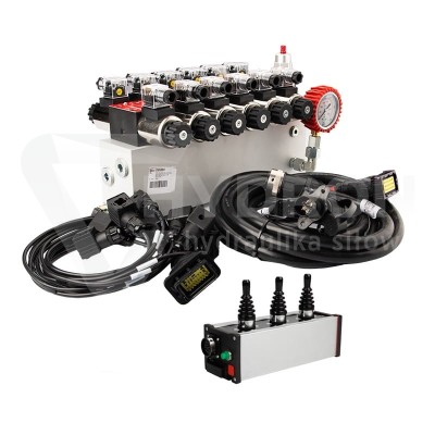Przejdź do produktu Rozdzielacz hydrauliczny 6 sekcyjny 12V blokowy typu Cetop 3 NG6 z proporcjonalnym regulatorem przepływu w komplecie z panelem sterującym Salvarani z trzema joystickami, manometrem, wtyczkami elektrycznymi i przyłączami