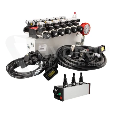 Rozdzielacz hydrauliczny 6 sekcyjny 12V blokowy typu Cetop 3 NG6 z proporcjonalnym regulatorem przepływu w komplecie z panelem sterującym Salvarani z trzema joystickami, manometrem, wtyczkami elektrycznymi i przyłączami