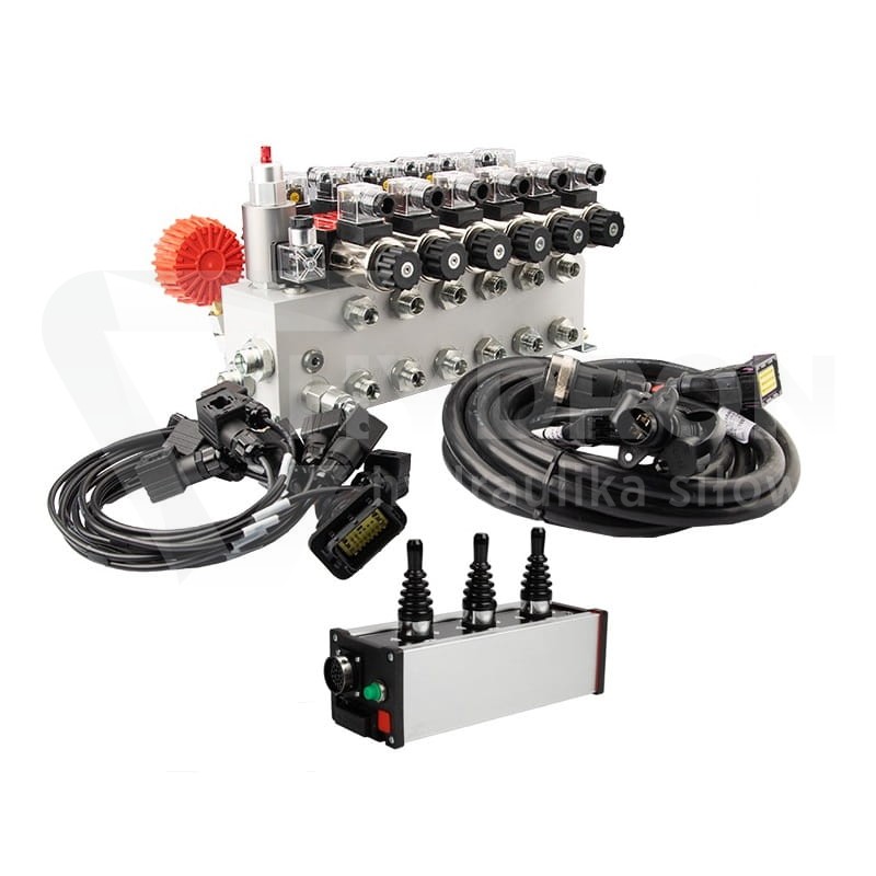 Rozdzielacz hydrauliczny 6 sekcyjny 12V blokowy typu Cetop 3 NG6 z proporcjonalnym regulatorem przepływu w komplecie z panelem sterującym Salvarani z trzema joystickami, manometrem, wtyczkami elektrycznymi i przyłączami