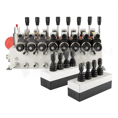 Rozdzielacz hydrauliczny 8 sekcyjny 12V blokowy typu Cetop 3 NG6 z proporcjonalnym regulatorem przepływu w komplecie z dwoma panelami sterującymi Hydrolider z czterema joystickami, manometrem wtyczkami elektrycznymi i przyłączami