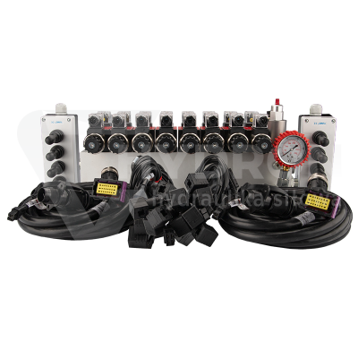 Przejdź do produktu Rozdzielacz hydrauliczny 8 sekcyjny 12V blokowy typu Cetop 3 NG6 z proporcjonalnym regulatorem przepływu w komplecie z dwoma panelami sterującymi Hydrolider z czterema joystickami, manometrem, wtyczkami elektrycznymi i przyłączami