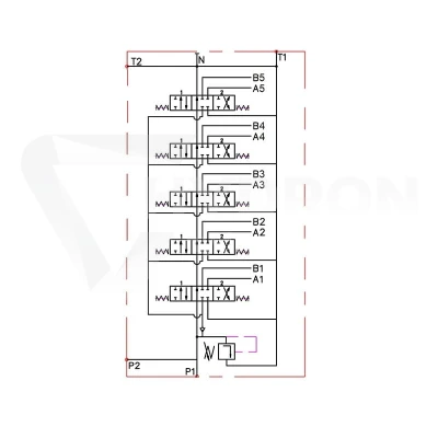 Rozdzielacz hydrauliczny 5 sekcyjny 40 l/min 05P40A1A1A1A1A1GKZ1 z przyłączami 22/18 Hydrolider