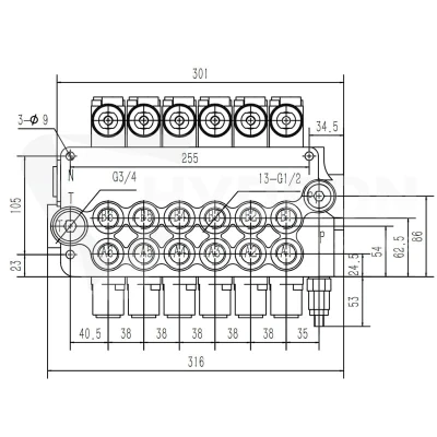 Rozdzielacz hydrauliczny 6 sekcyjny 80 l/min 6P80 z przyłączami 27/22 Hydrolider