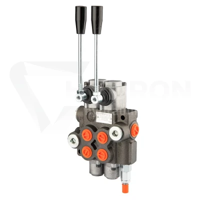 Rozdzielacz hydrauliczny 2 sekcyjny 40l/min z dźwignią na sprężynie z automat. pozycjonowaniem do pozycji 0 z suwakiem do sterowania siłownikiem i silnikiem hydraulicznym