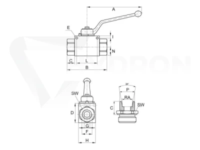 Zawór kulowy dwudrożny BKH BSP DN06 1/4" 500bar - paczka 10szt wysunek techniczny