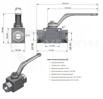 Zawór kulowy dwudrożny BKH BSP DN10 3/8" 500bar paczka 10szt