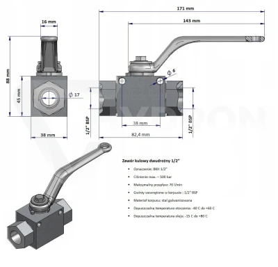 Zawór kulowy dwudrożny BKH BSP DN13 1/2" 500bar paczka 10szt
