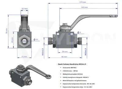 Zawór kulowy dwudrożny BKH M22X1,5" 500bar 15L GZ paczka 10szt