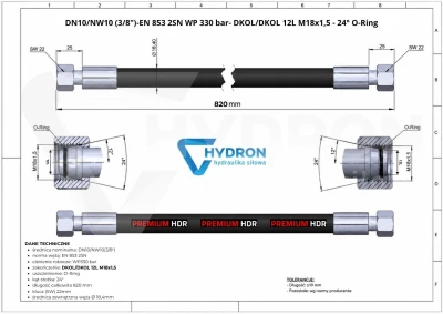 Przewód hydrauliczny wąż DN10 AA M18 0,82mb 330bar HYDRON