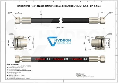 Przewód hydrauliczny wąż DN06 AA M14 0,3mb 400bar HYDRON