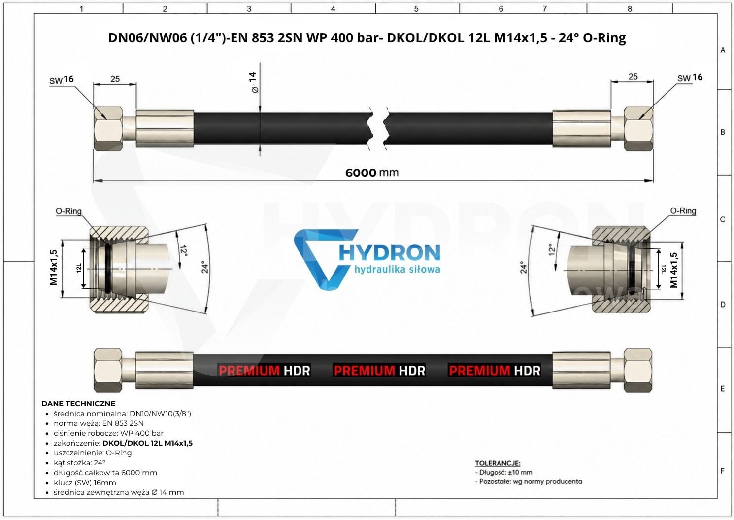 Przewód hydrauliczny wąż DN06 AA M14 6,0mb 400bar