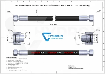 Przewód hydrauliczny wąż DN16 AA M27 0,5mb 250bar HYDRON