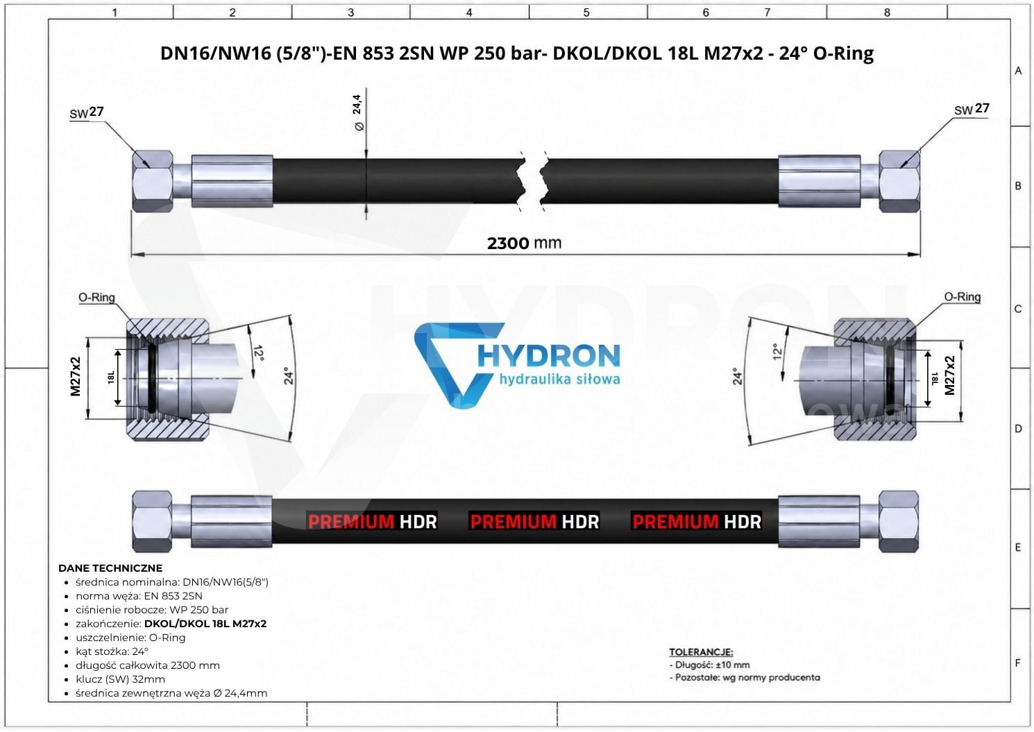 Przewód hydrauliczny wąż DN16 AA M27 2,3mb 250bar HYDRON