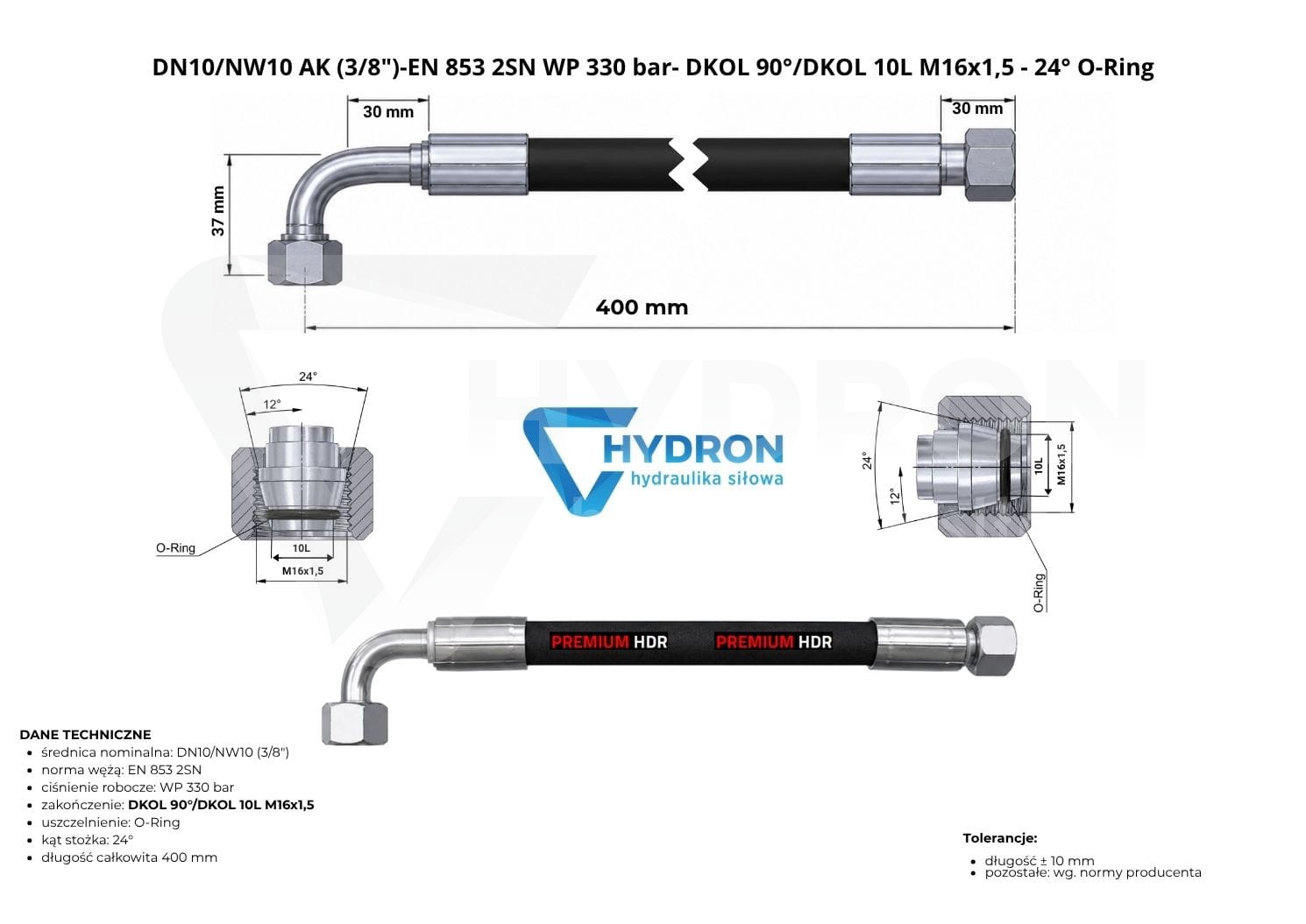 Przewód hydrauliczny wąż DN10 AK M16 0,4 mb 330bar-HYDRON