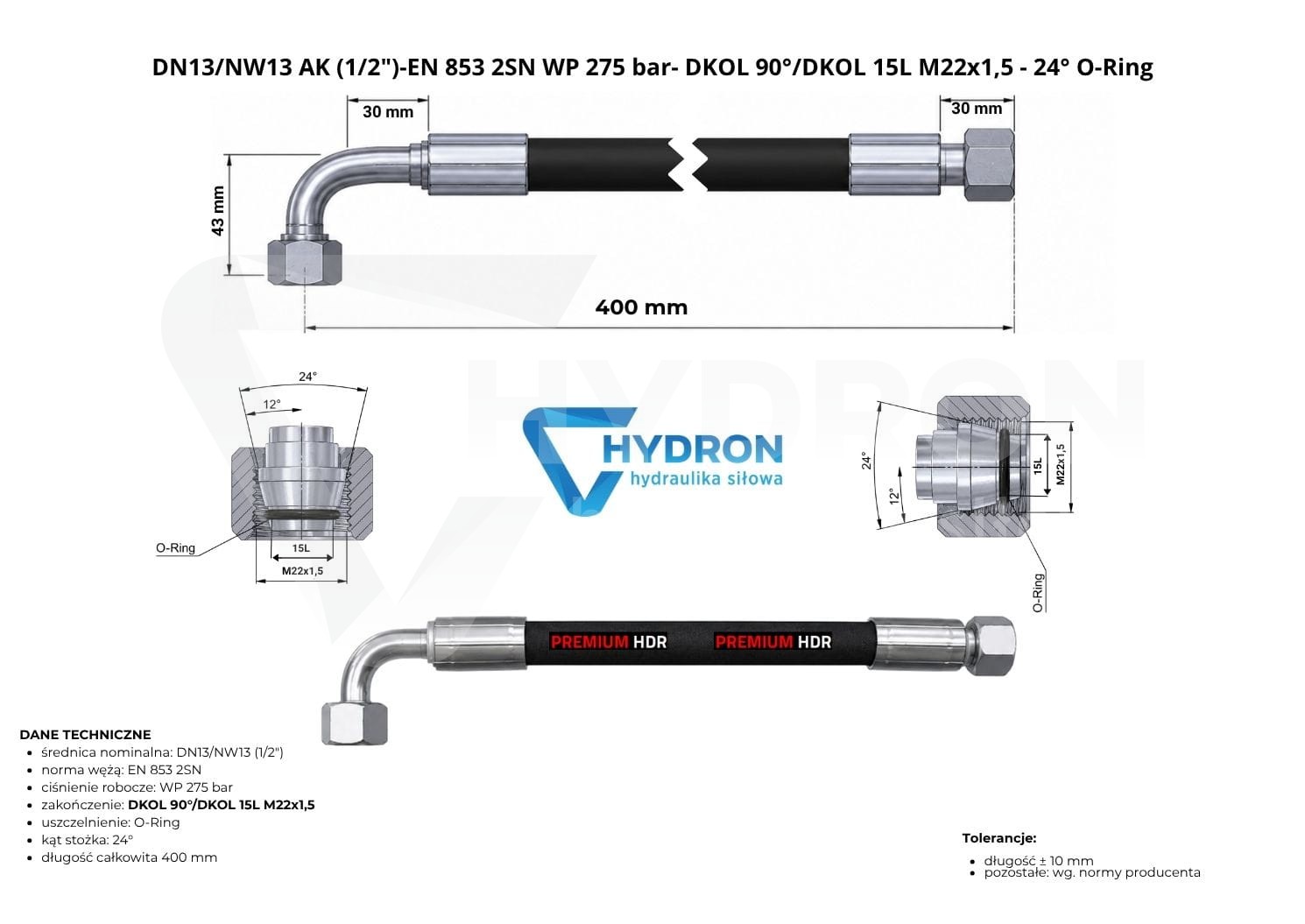 Przewód hydrauliczny wąż DN13 AK M22 0,4mb 275 HYDRON