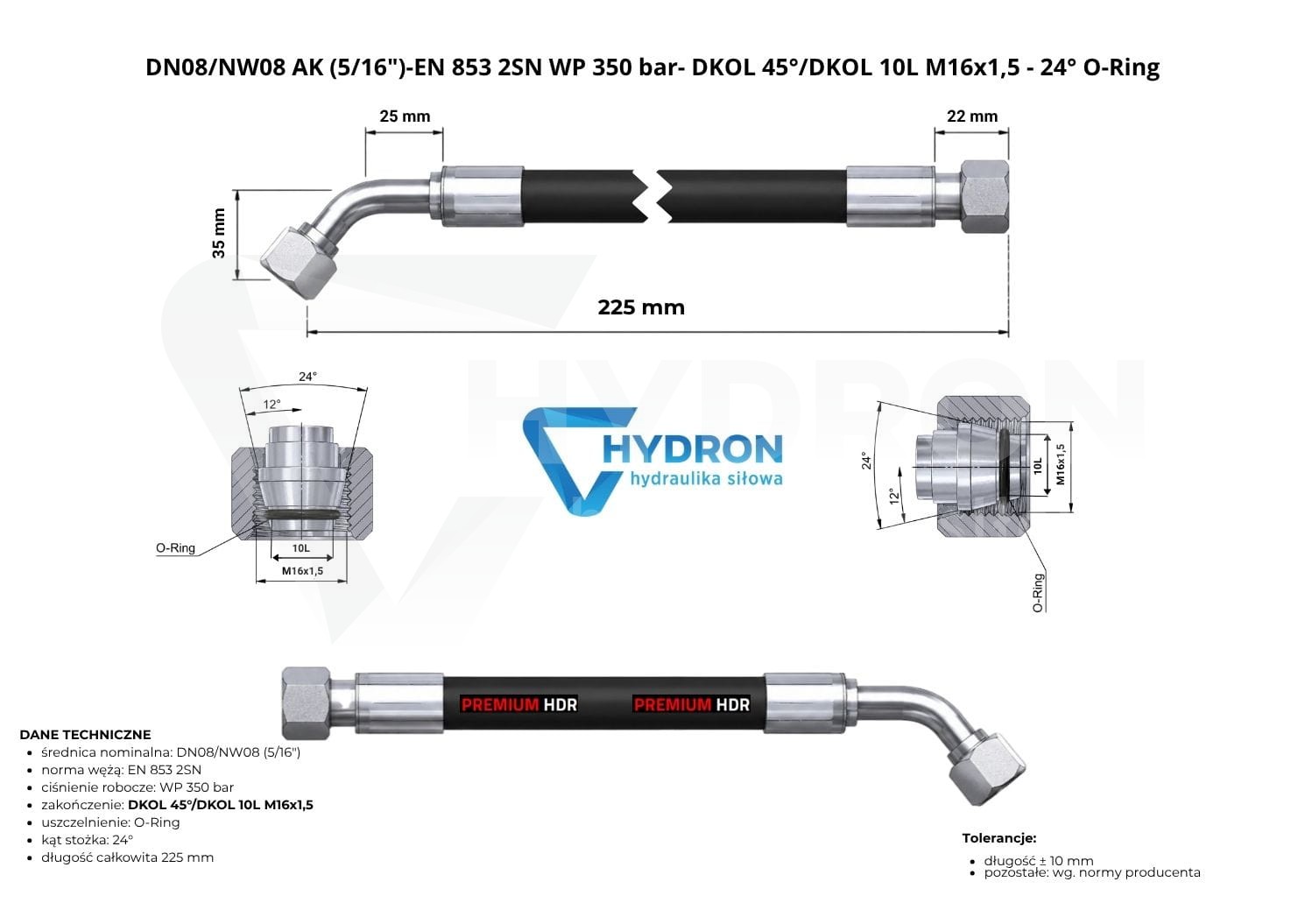 Przewód hydrauliczny wąż DN08 AK M16 0,225mb 350bar HYDRON