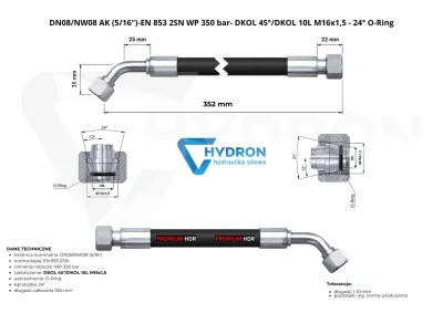 Przewód hydrauliczny wąż DN08 AK M16 0,352mb 350bar HYDRON