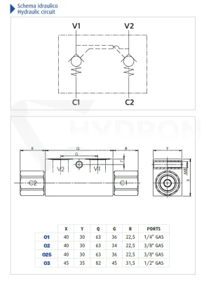 Zawór zwrotny sterowany dwustronny 1/4" 1 bar schemat