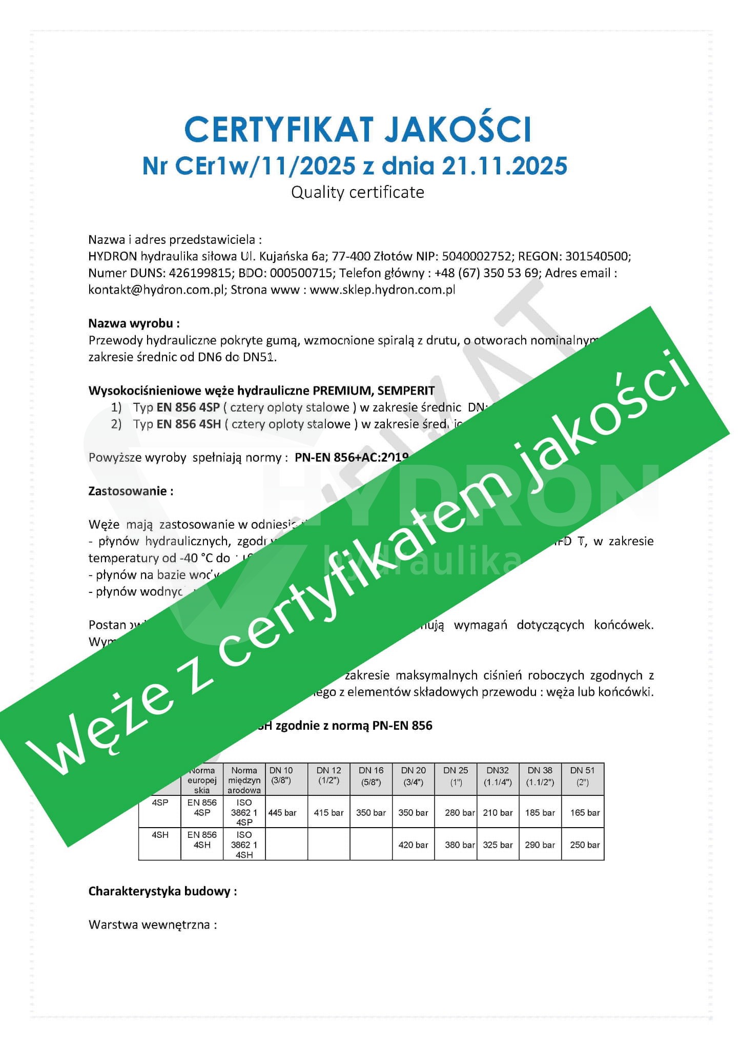 Wąż hydrauliczny Premium 4SH DN25 (1") 380bar