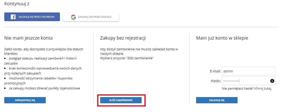brak konieczności rejestracji w sklepie